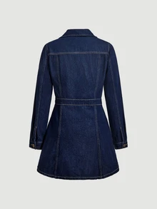 Sweetra Light Luxury Commuter Style Collared Waist Belt Cinched Denim Dress With Contrast Stitching Metal Buckle Long Sleeve A-Line Dress - Dark Wash - View 3