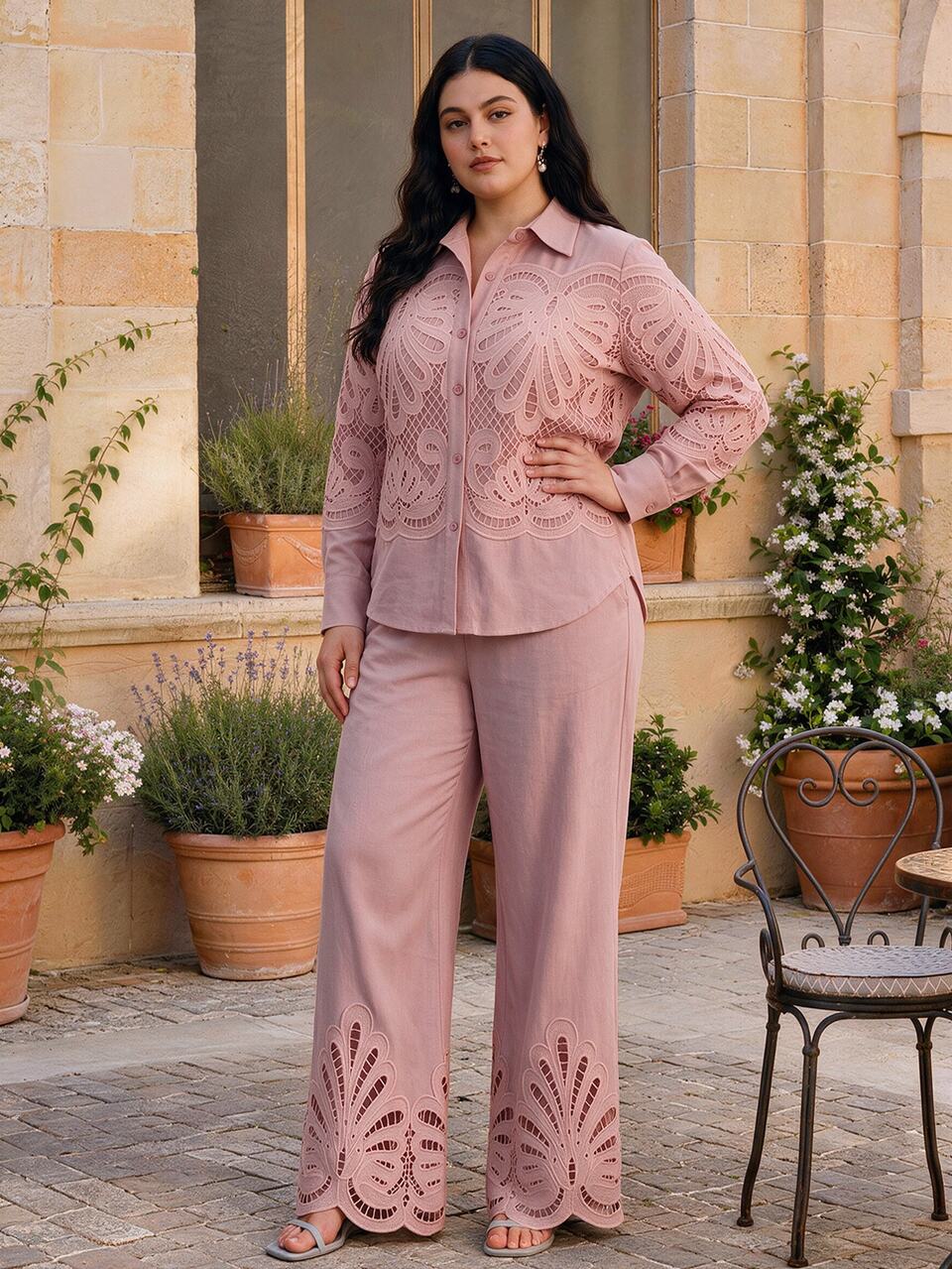 Anewsta Conjunto de 2 piezas romántico y elegante con encaje y patchwork floral para mujer de talla grande, adecuado para fiesta, vacaciones, cita, días festivos y eventos