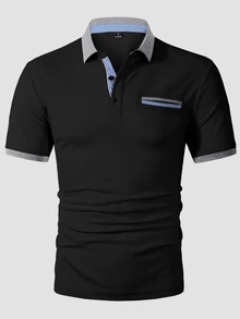 Manfinity Homme 男士短袖 Polo 衫，適合辦公室、高爾夫、休閒街頭穿搭、外出與聚會，黑白條紋夏季款 - 黑色 - 查看 3