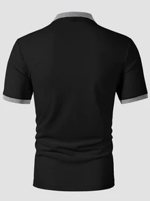 Manfinity Homme 男士短袖 Polo 衫，適合辦公室、高爾夫、休閒街頭穿搭、外出與聚會，黑白條紋夏季款 - 黑色 - 查看 2