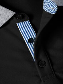 Manfinity Homme 男士短袖 Polo 衫，適合辦公室、高爾夫、休閒街頭穿搭、外出與聚會，黑白條紋夏季款 - 黑色 - 查看 5