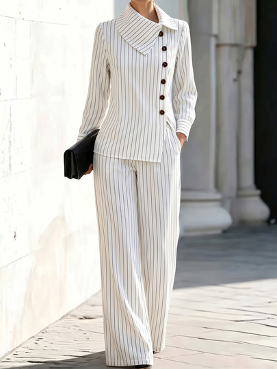 SHEIN Women's 2 Pieces Set: Striped Lapel Long Sleeve Top + Pants, Elegant Fashionable Casual Business Office Party Date Outfit