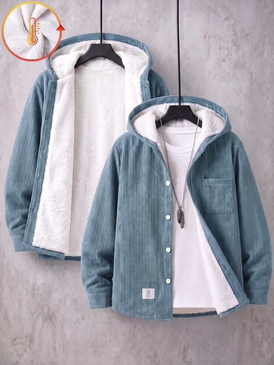 SHEIN Boys' Basic Casual Preppy Baggy Corduroy Hooded Fleece Lined Jacket School Ice Skating Blue Autumn And Winter - Blue - View 1