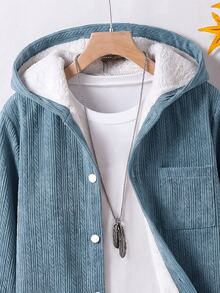 SHEIN Boys' Basic Casual Preppy Baggy Corduroy Hooded Fleece Lined Jacket School Ice Skating Blue Autumn And Winter - Blue - View 5