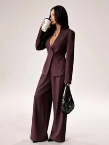 SHEIN PETITE طقم جاكيت وبنطلون عصري للتنقل - بني - مشاهدة 5