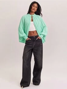 SHEIN BAE 女款日常時尚金屬裝飾蝙蝠袖披肩長袖針織衫 - 綠色 - 查看 4