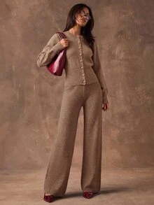 SHEIN BAE 女款純色長袖上衣與長褲針織兩件套 - 卡其色 - 查看 6