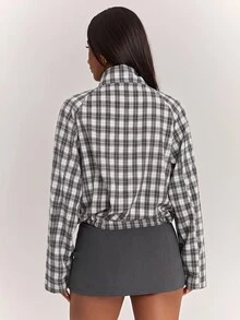 SHEIN BAE 女款格紋立領長袖休閒百搭夾克 - 黑與白 - 查看 2
