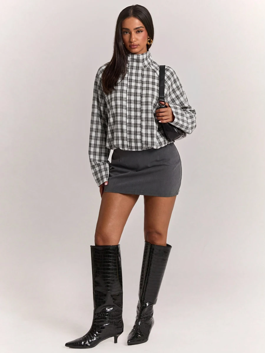 SHEIN BAE 女款格紋立領長袖休閒百搭夾克 - 黑與白 - 查看 1