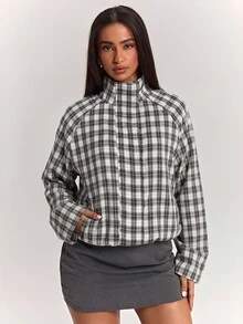 SHEIN BAE 女款格紋立領長袖休閒百搭夾克 - 黑與白 - 查看 7