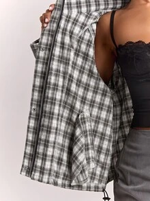 SHEIN BAE 女款格紋立領長袖休閒百搭夾克 - 黑與白 - 查看 8