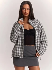 SHEIN BAE 女款格紋立領長袖休閒百搭夾克 - 黑與白 - 查看 3
