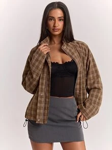 SHEIN BAE 女款秋季休閒格紋夾克 - 棕色 - 查看 3