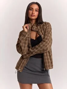 SHEIN BAE 女款秋季休閒格紋夾克 - 棕色 - 查看 4
