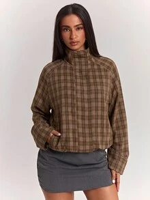SHEIN BAE 女款秋季休閒格紋夾克 - 棕色 - 查看 7