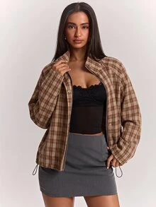 SHEIN BAE 女款韓式時尚格紋拉鍊長袖夾克 - 卡其色 - 查看 3