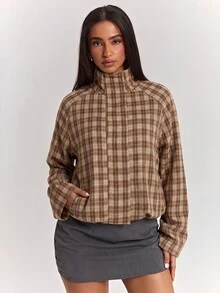 SHEIN BAE 女款韓式時尚格紋拉鍊長袖夾克 - 卡其色 - 查看 7