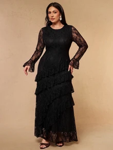 SHEIN BAE CURVE 大尺碼女款棕色長洋裝，優雅荷葉邊裙襬洋裝 - 黑色 - 查看 5