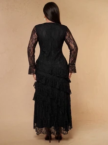 SHEIN BAE CURVE 大尺碼女款棕色長洋裝，優雅荷葉邊裙襬洋裝 - 黑色 - 查看 2