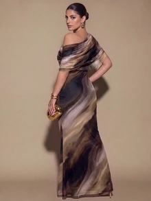SHEIN BAE CURVE Gaun Panjang Wanita Ukuran Besar Warna Cokelat dengan Detail Kerut, Gaun Panjang Elegan, Cocok untuk Acara Jalan-jalan, Gaun Kencan - MultiWarna - View 2