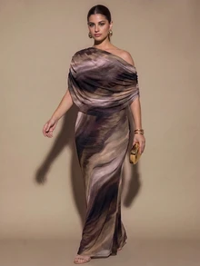 SHEIN BAE CURVE Gaun Panjang Wanita Ukuran Besar Warna Cokelat dengan Detail Kerut, Gaun Panjang Elegan, Cocok untuk Acara Jalan-jalan, Gaun Kencan - MultiWarna - View 4
