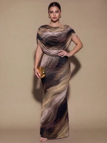 SHEIN BAE CURVE Gaun Panjang Wanita Ukuran Besar Warna Cokelat dengan Detail Kerut, Gaun Panjang Elegan, Cocok untuk Acara Jalan-jalan, Gaun Kencan - MultiWarna - View 6