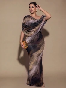 SHEIN BAE CURVE Gaun Panjang Wanita Ukuran Besar Warna Cokelat dengan Detail Kerut, Gaun Panjang Elegan, Cocok untuk Acara Jalan-jalan, Gaun Kencan - MultiWarna - View 5