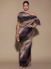 SHEIN BAE CURVE Gaun Panjang Wanita Ukuran Besar Warna Cokelat dengan Detail Kerut, Gaun Panjang Elegan, Cocok untuk Acara Jalan-jalan, Gaun Kencan - MultiWarna - View 3