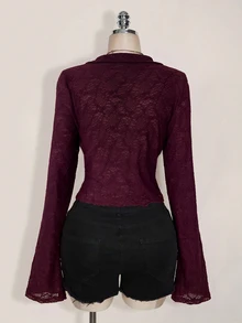 SHEIN ICON ICON PLUS Lettuce Trim Asymmetrical Hem Sheer Top Without Bra Plus Size Blouses-1891,Y2k Fall - Maroon - View 2