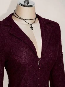 SHEIN ICON ICON PLUS Lettuce Trim Asymmetrical Hem Sheer Top Without Bra Plus Size Blouses-1891,Y2k Fall - Maroon - View 5