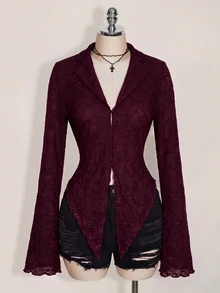 SHEIN ICON ICON PLUS Lettuce Trim Asymmetrical Hem Sheer Top Without Bra Plus Size Blouses-1891,Y2k Fall - Maroon - View 6