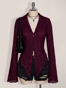 SHEIN ICON ICON PLUS Lettuce Trim Asymmetrical Hem Sheer Top Without Bra Plus Size Blouses-1891,Y2k Fall - Maroon - View 1