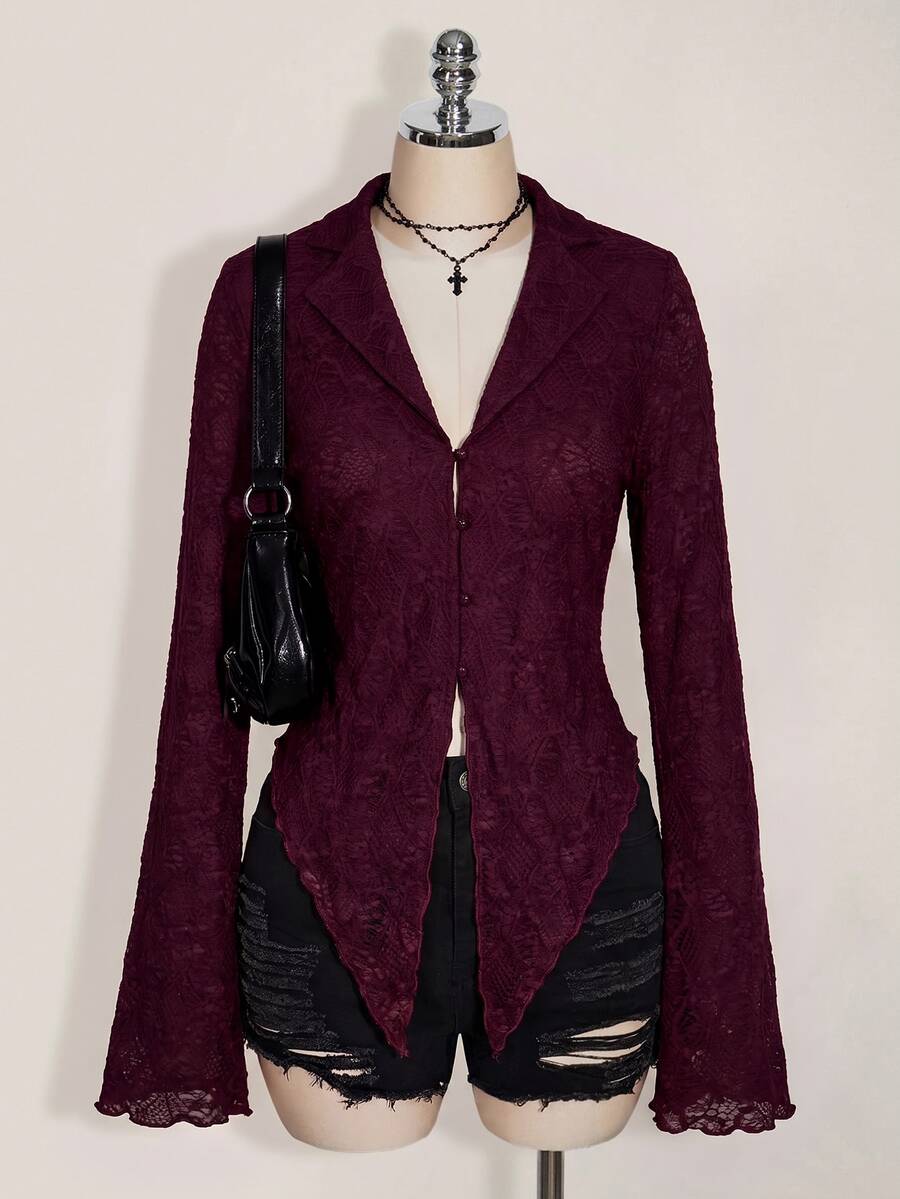 SHEIN ICON ICON PLUS Lettuce Trim Asymmetrical Hem Sheer Top Without Bra Plus Size Blouses-1891,Y2k Fall - Maroon - View 1