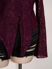 SHEIN ICON ICON PLUS Lettuce Trim Asymmetrical Hem Sheer Top Without Bra Plus Size Blouses-1891,Y2k Fall - Maroon - View 7