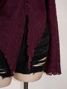 SHEIN ICON ICON PLUS Lettuce Trim Asymmetrical Hem Sheer Top Without Bra Plus Size Blouses-1891,Y2k Fall - Maroon - View 3