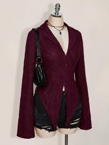 SHEIN ICON ICON PLUS Lettuce Trim Asymmetrical Hem Sheer Top Without Bra Plus Size Blouses-1891,Y2k Fall - Maroon - View 4