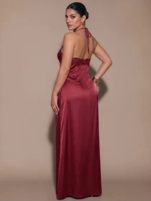 SHEIN BAE CURVE Gaun Halter Ikat Patchwork Renda Wanita Ukuran Plus - Burgundy - View 2