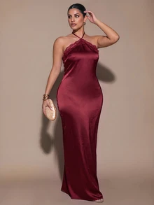 SHEIN BAE CURVE Gaun Halter Ikat Patchwork Renda Wanita Ukuran Plus - Burgundy - View 3
