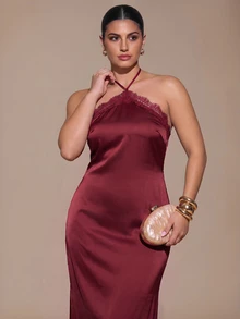 SHEIN BAE CURVE Gaun Halter Ikat Patchwork Renda Wanita Ukuran Plus - Burgundy - View 6