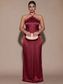SHEIN BAE CURVE Gaun Halter Ikat Patchwork Renda Wanita Ukuran Plus - Burgundy - View 5
