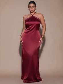 SHEIN BAE CURVE Gaun Halter Ikat Patchwork Renda Wanita Ukuran Plus - Burgundy - View 1