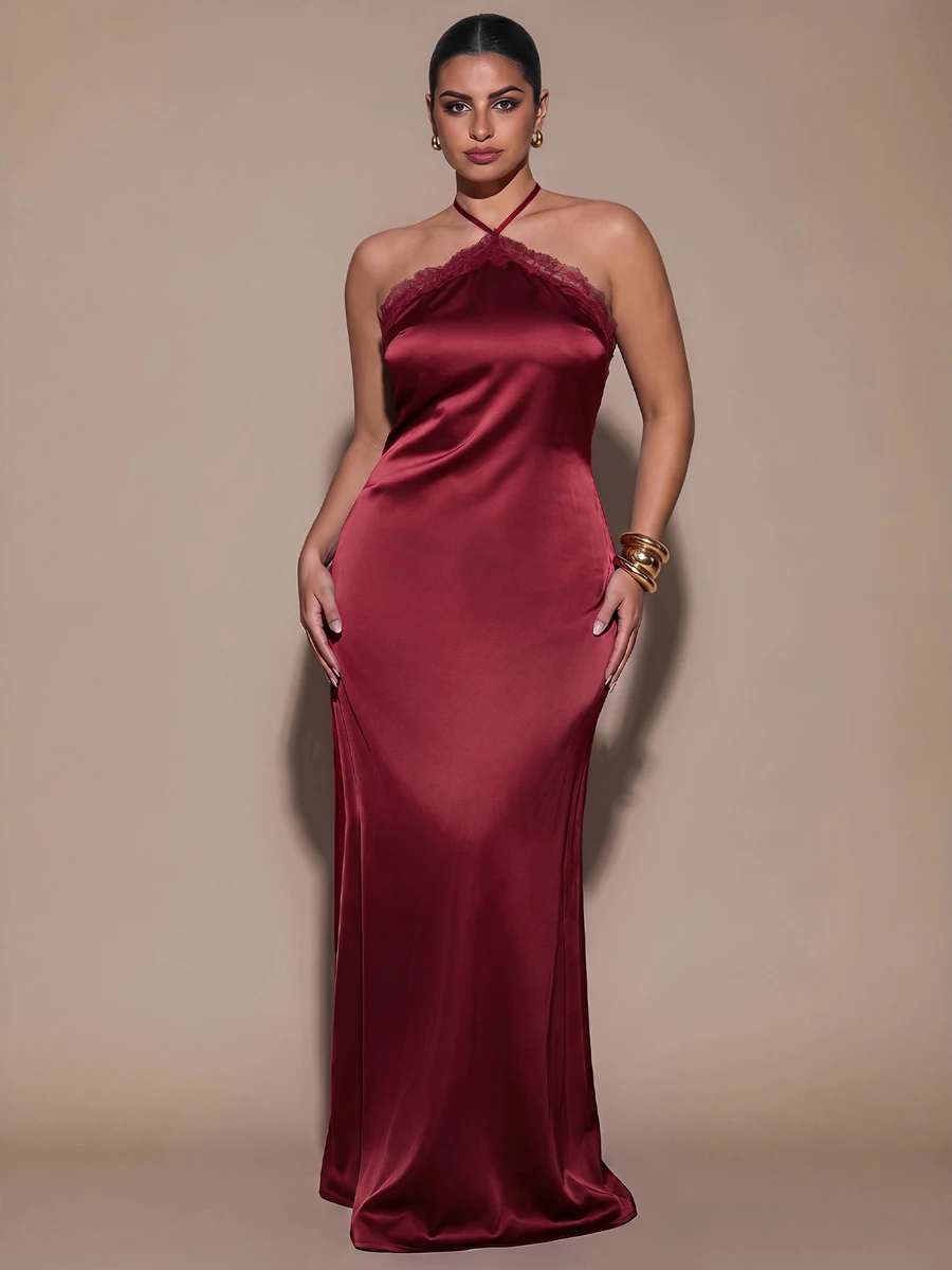 SHEIN BAE CURVE Gaun Halter Ikat Patchwork Renda Wanita Ukuran Plus - Burgundy - View 1