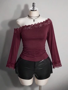SHEIN ICON 女款大尺碼蕾絲拼接不對稱肩長袖T恤 - 酒紅色 - 查看 3