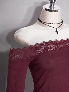 SHEIN ICON 女款大尺碼蕾絲拼接不對稱肩長袖T恤 - 酒紅色 - 查看 6