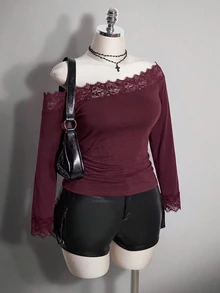 SHEIN ICON Women's Plus Size Lace Patchwork Asymmetrical Shoulder Long ...