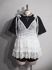 SHEIN ICON Women's Plus Size Sexy Black Lace Top - White - View 3