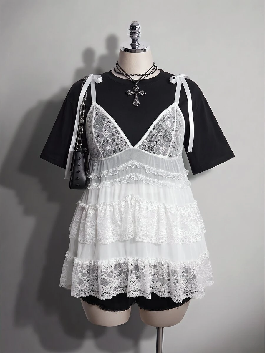 SHEIN ICON Women's Plus Size Sexy Black Lace Top - White - View 1