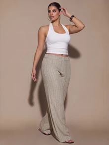 SHEIN BAE CURVE بنطلون بدلة مخطط بجيوب للنساء مقاس كبير للعمل والمكتب في فصل الخريف - كاكي - مشاهدة 5