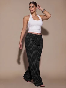 SHEIN BAE CURVE 大尺碼女款條紋寬腿高腰西裝長褲 秋季 - 黑色 - 查看 5