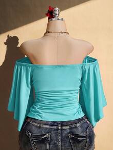 SHEIN ICON Women's Plus Size Vacation Sexy Ruched Off-Shoulder Top - Blue - View 2